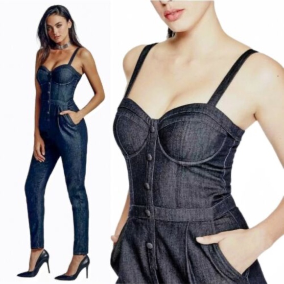NEW GUESS Vintage Dark Denim Sweetheart Neckline Sleeveless Jumpsuit 29 - Picture 3 of 17